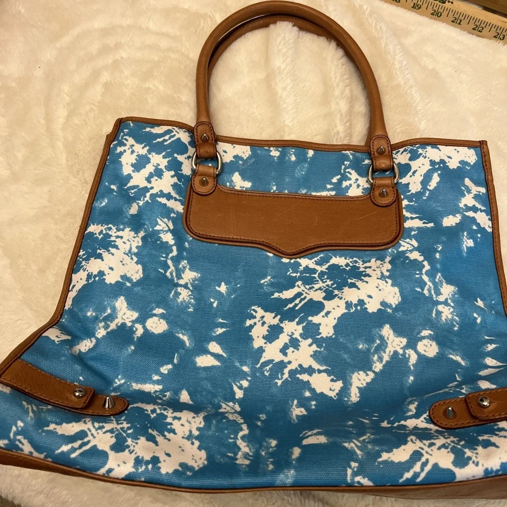 MINKOFF Large Blue Tie Dye Tote Bag  Coated Canvas Leather Handles/Trim BOHO